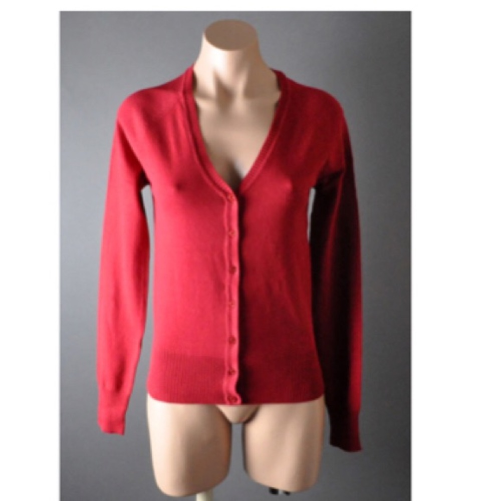 Red Long Sleeve Knitwear Sweater Cardigan Jacket Winter Open Front V Neck Top